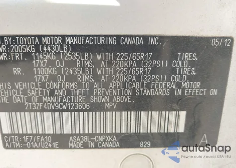 2012 Toyota Rav4 из США, поврежденный, VIN 2T3ZF4DV9CW123606